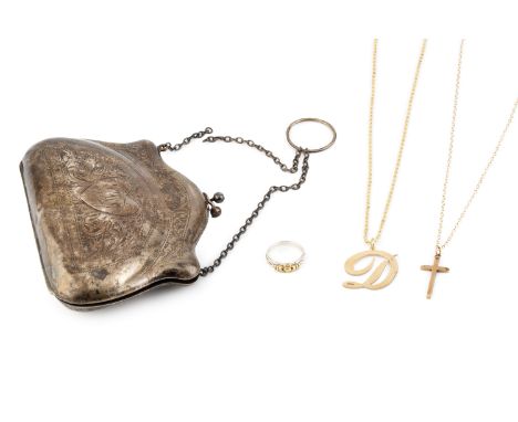 A small collection of jewellery, comprising an initial 'D' pendant, stamped '9ct 375', on a ropetwist-link chain stamped '10K