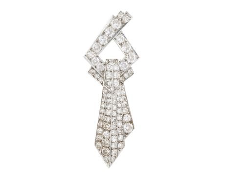 An Art Deco diamond panel brooch, modelled as a stylised tied ribbon of geometric design, inset with channels of graduated ro
