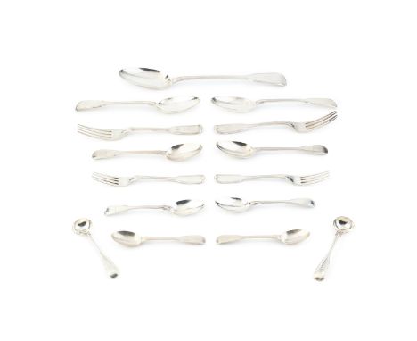 A service of early Victorian silver fiddle and thread pattern flatware, comprising gravy spoon, 6 table spoons, 9 table forks