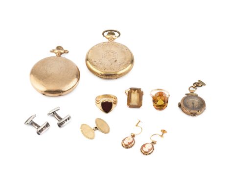 A collection of jewellery and watches, comprising an 18ct gold and hardstone signet ring, two single stone dress rings, a pai