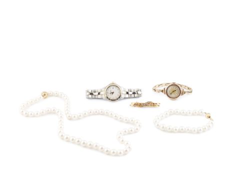 A cultured pearl single strand necklace, with diamond set spherical clasp, 14ct gold mounted, together with a cultured pearl 