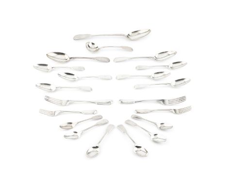 A matched service of 19th century silver fiddle pattern flatware, comprising a gravy spoon, sauce ladle, 6 table spoons, 12 t