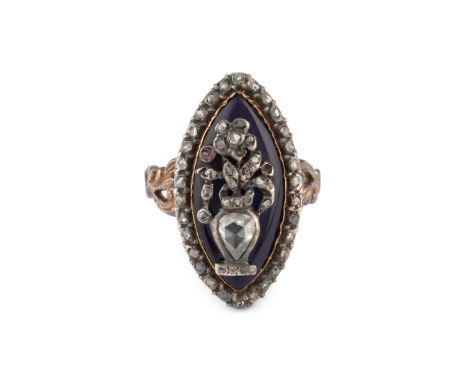 A Georgian diamond and enamel panel ring, the navette-shaped panel applied with a rose and lasque-cut diamond set urn issuing