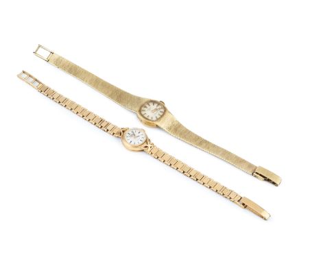 A lady's 9ct gold bracelet watch by Rotary, the shaped square silvered dial with baton markers, on an integral tapered textur