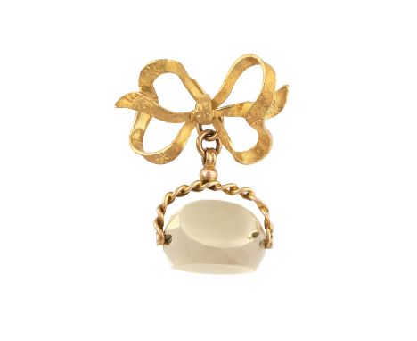 A hardstone swivel fob seal, with ropetwist mount, suspended from an unassociated 18ct gold ribbon bow brooch fitting, togeth
