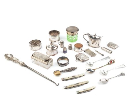 A collection of small silver items, to include an early Victorian silver topped glass rectangular travelling inkwell, London 