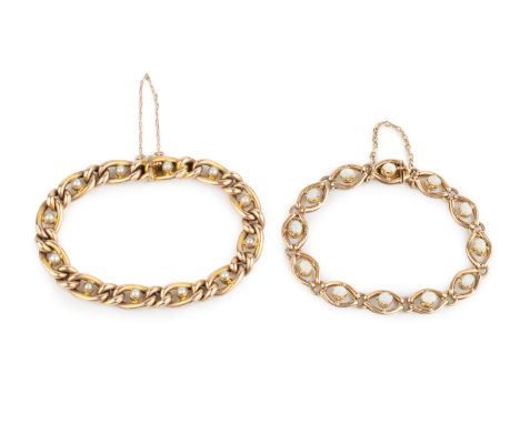 A seed pearl set bracelet, of curb-link design, the clasp stamped '375', (pearls untested for origin), and an opal set bracel