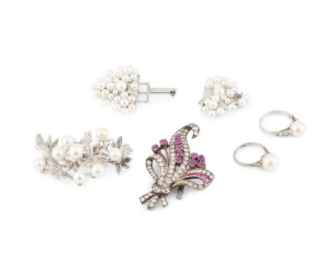 A cultured pearl and diamond double clip brooch, with clusters of graduated cultured pearls and single-cut diamonds, (some cu