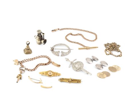 A collection of jewellery, comprising a pair of 9ct gold cufflinks, monogrammed, a curb-link chain with swivel clasp, stamped