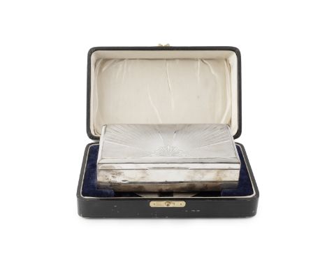 A silver rectangular cigarette box, the engine turned cover with Art Deco design, by Turner &amp; Simpson, Birmingham 1930, 1