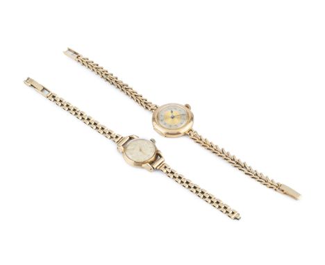 A lady's 9ct gold bracelet watch by Longines, with circular signed silvered dial and brick-link bracelet, and a further lady'