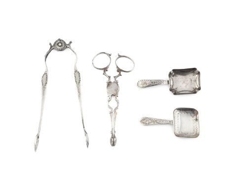 A pair of unusual George III silver sprung sugar tongs, with bright-cut decoration, by John Baker II, London circa 1770-1780,