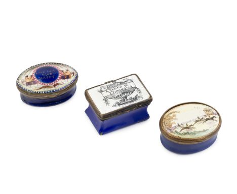 An 18th century enamel rectangular patch box, the hinged lid decorated with a classical urn and inscribed 'A Token of Friends