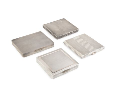A silver rectangular case, with engine turned decoration, foliate thumbpiece and silver-gilt interior, by W. H. Manton Ltd, B
