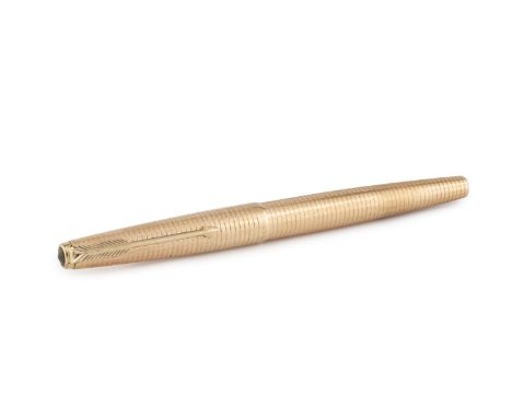 A gold plated fountain pen by Parker, with engine turned decoration, 13.3cm long