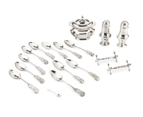 A pair of late Victorian silver baluster peppers, by Charles Stuart Harris, London 1898, 10.5cm high, an Edwardian silver tea