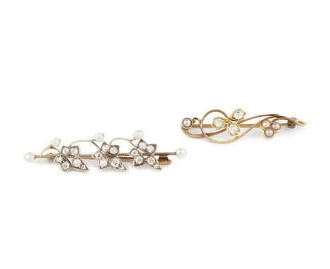 A diamond set panel brooch, designed as a trio of old-cut diamond set ivy leaves with cultured pearl berries, two colour moun