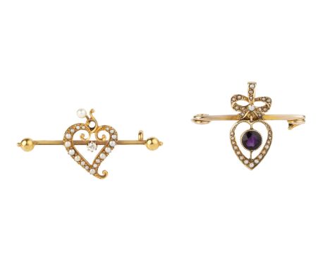 A diamond and seed pearl witch's heart bar brooch, the seed pearl set openwork heart centred with an old-cut diamond, between