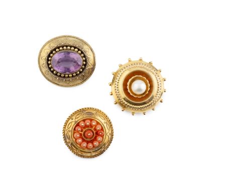 A collection of brooches, comprising a cultured pearl set panel brooch, glazed compartment verso, a similar panel brooch, app