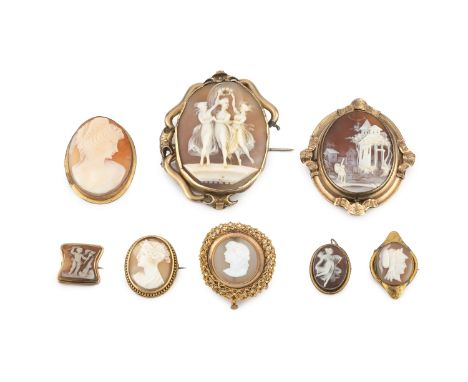 A 19th century shell cameo brooch, the oval cameo carved to depict a merchant before a building, in swivel mount with glazed 
