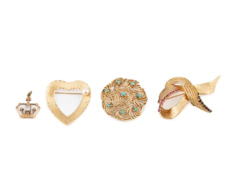 A stone set brooch, of textured ribbon design, set with rows of blue and pink stones, stamped '14k', together with a cultured