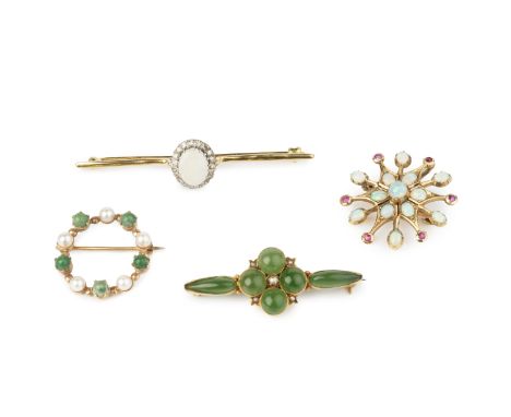 An opal and diamond bar brooch, of oval cluster design, together with an opal and red stone snowflake brooch/pendant, a nephr