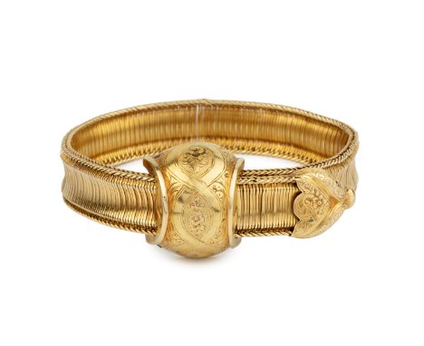 A 19th century adjustable fancy-link bracelet, the articulated strap-link bracelet with ropetwist borders and foliate engrave