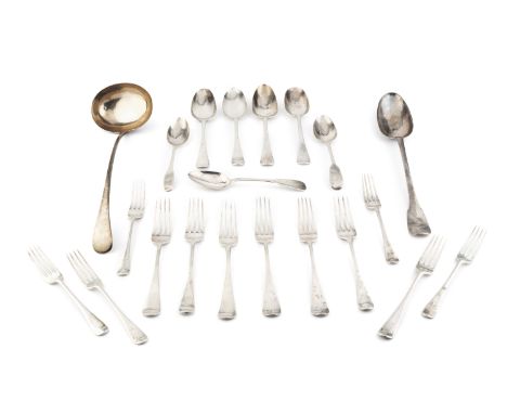 A mixed collection of silver flatware, comprising a George III old English pattern soup ladle by Thomas Northcote, London 179