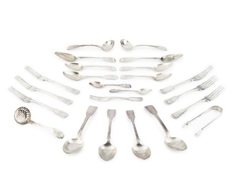 A set of six George IV silver fiddle pattern table forks, by William Hope (Plymouth), Exeter 1821 and 1822, together with fur