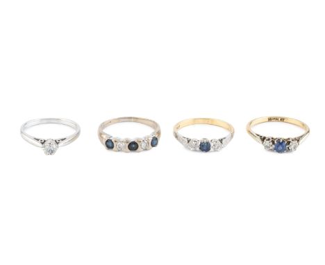 A sapphire and diamond five stone ring, 18ct white gold mounted, together with two sapphire and diamond three stone rings, an