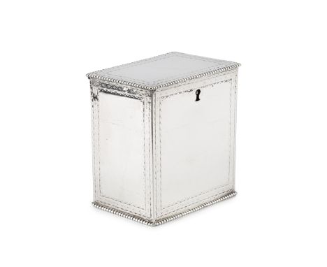 A 19th century Dutch silver tea caddy, of rectangular design, with beaded and bright-cut borders, and hinged cover, 10cm high