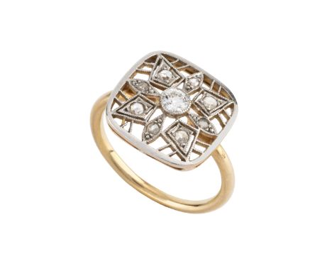 A diamond panel ring, the cushion-shaped openwork panel with a millegrain set snowflake cluster of old brilliant and rose-cut