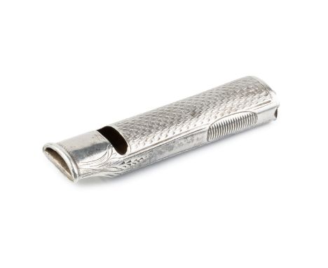 A late Victorian silver novelty whistle vesta case, of oval section with engine turned decoration and hinged end, by Lawson, 