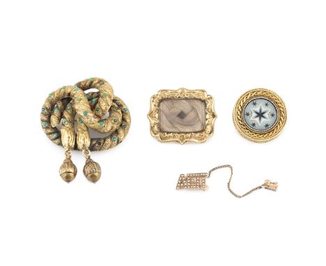 A Victorian memorial brooch, the glazed hairwork panel within a shaped scrolled border, together with a Victorian turquoise s