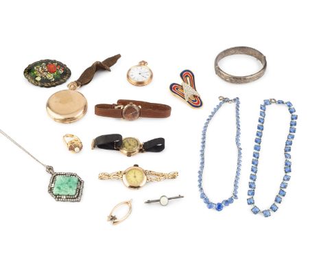 A collection of jewellery, to include two 9ct gold wristwatches, a 9ct gold wishbone brooch, two gold plated pocket watches, 