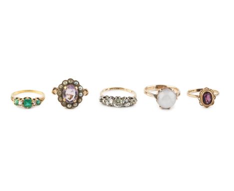 A diamond set five stone ring, alternately set with step-cut green stones and old-cut diamonds, yellow precious metal mounted