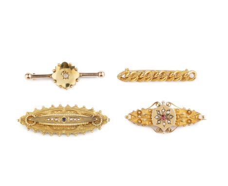 A Victorian diamond set bar brooch, the old-cut diamond gypsy set to a shaped panel with bead accents, together with two Vict