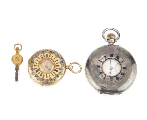 An enamel half hunter fob watch, having florally engraved gilt dial, the case decorated to both sides in blue enamel with for
