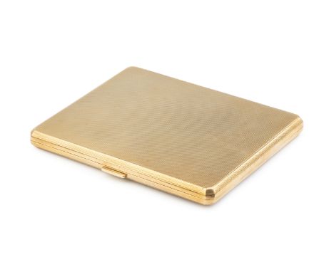 A 9ct gold cigarette case, of rectangular form with canted corners and engine turned decoration, Birmingham 1937, 10cm wide, 