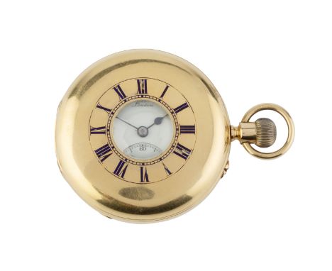 An Edwardian 18ct gold half hunter pocket watch by J. W. Benson, the white enamel dial with Roman numerals and subsidiary sec