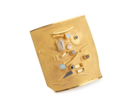 A vari gem-set abstract panel brooch by Hermann Jünger, of slightly curved design, set with various raised cabochon and lozen