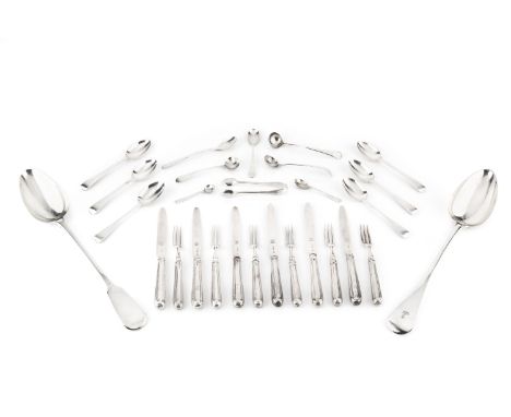 A set of six George III silver dessert knives and forks, with reeded hollow filled handles and crested blades by William Abdy