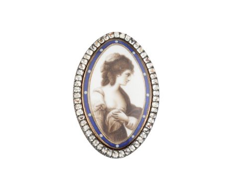 A Georgian memorial brooch, the navette-shaped panel centred with a miniature sepia portrait of a lady, watercolour on ivory,