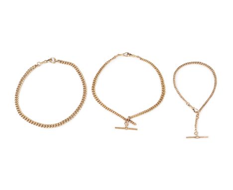 A 9ct gold curb-link Albert chain, with T-bar fitting, and two further similar chains, first chain length 40cm (3)All chains 