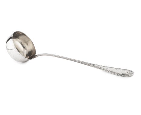 An early 20th century Russian silver soup ladle, with reeded handle, 84 kokoshnik mark and engraved 1912, 36cm long, 9.5oz