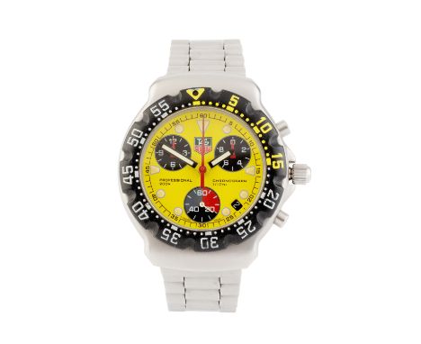 A stainless steel 'Formula 1' chronograph bracelet watch by Tag Heuer, the circular yellow dial with triple subsidiary dials 