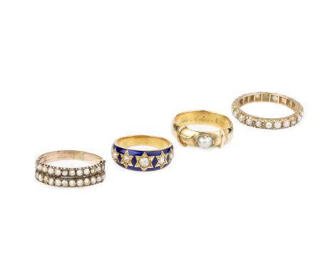 A Victorian diamond, half pearl and enamel memorial ring, the tapered band with alternate half pearls and diamonds in star-sh