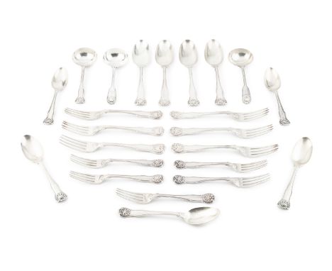 A matched service of early 19th century silver fiddle, thread and shell pattern flatware, comprising 4 table spoons, 6 table 