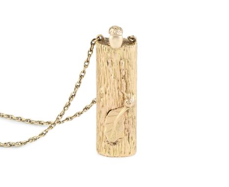 A 9ct gold mounted pendant watch on chain by John Donald, the watch of shaped rectangular form, modelled as a textured branch