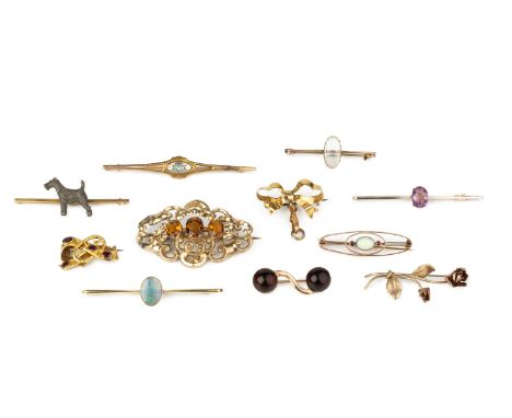An opal single stone bar brooch, stamped '15CT', a further opal set bar brooch, a moonstone bar brooch, two other gem set bar